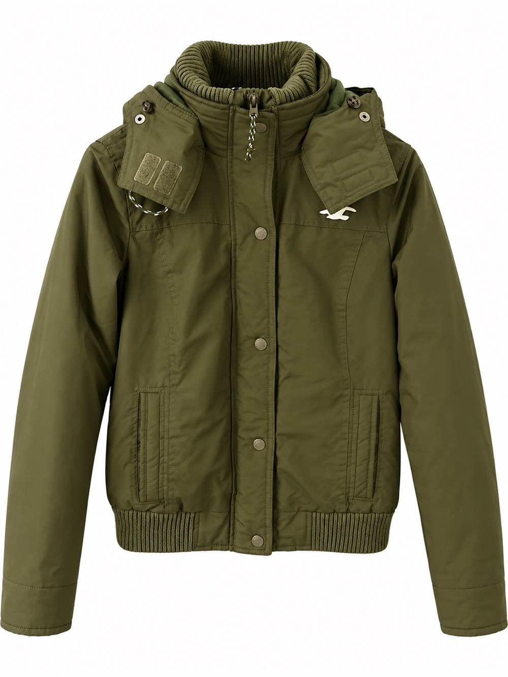 Hollister Olive Green Hooded Puffer Jacket with Ribbed Collar